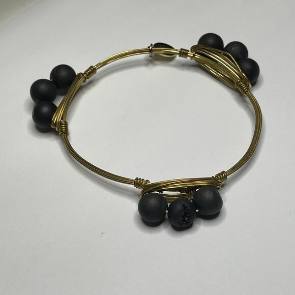 BOURBON & BOWETIES gold tone bracelet bangle 3 black beads jewelry wire wrapped - Picture 2 of 9